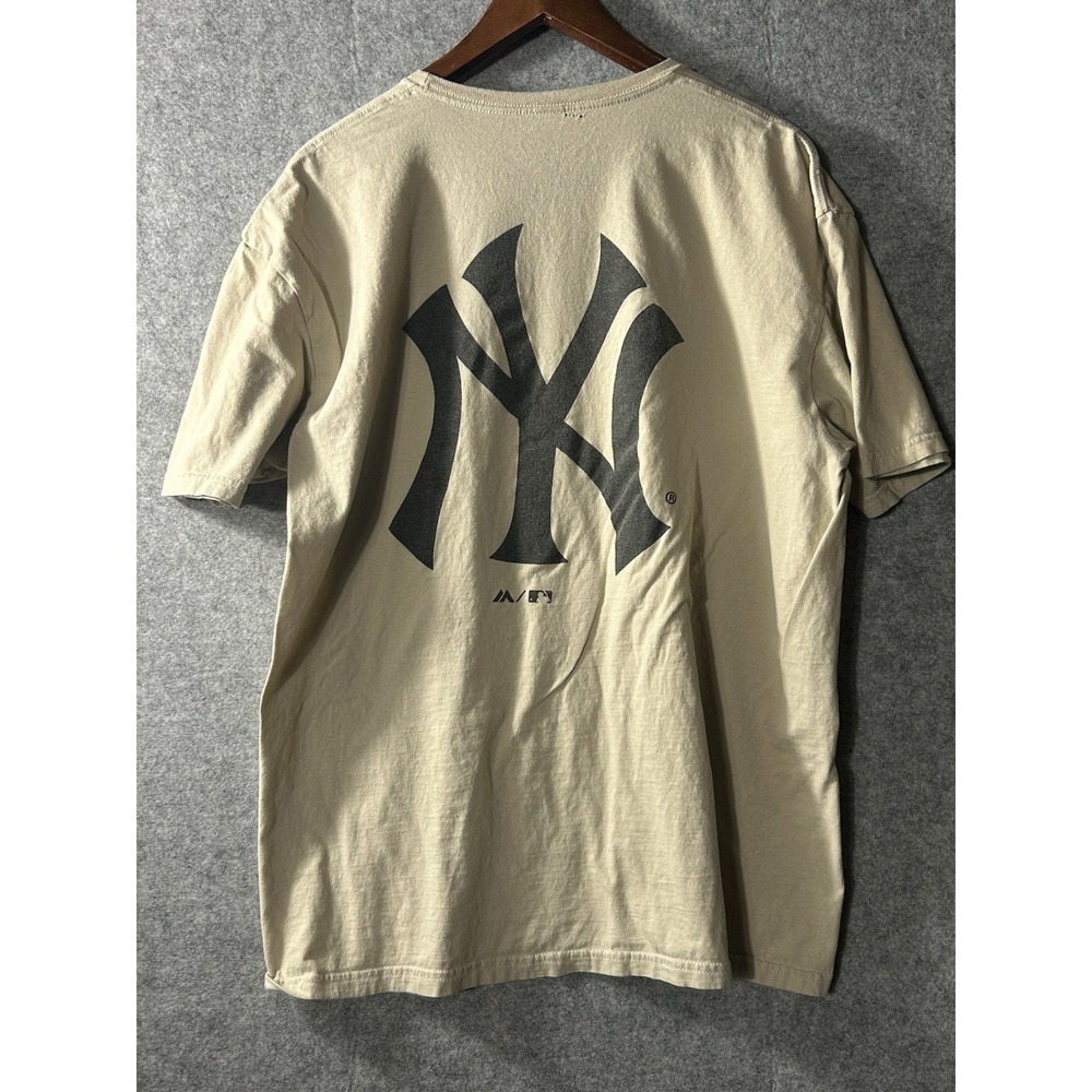 Y2K Majestic New York Yankees MLB Beige Big Logo Front Back T-Shirt Streetwear